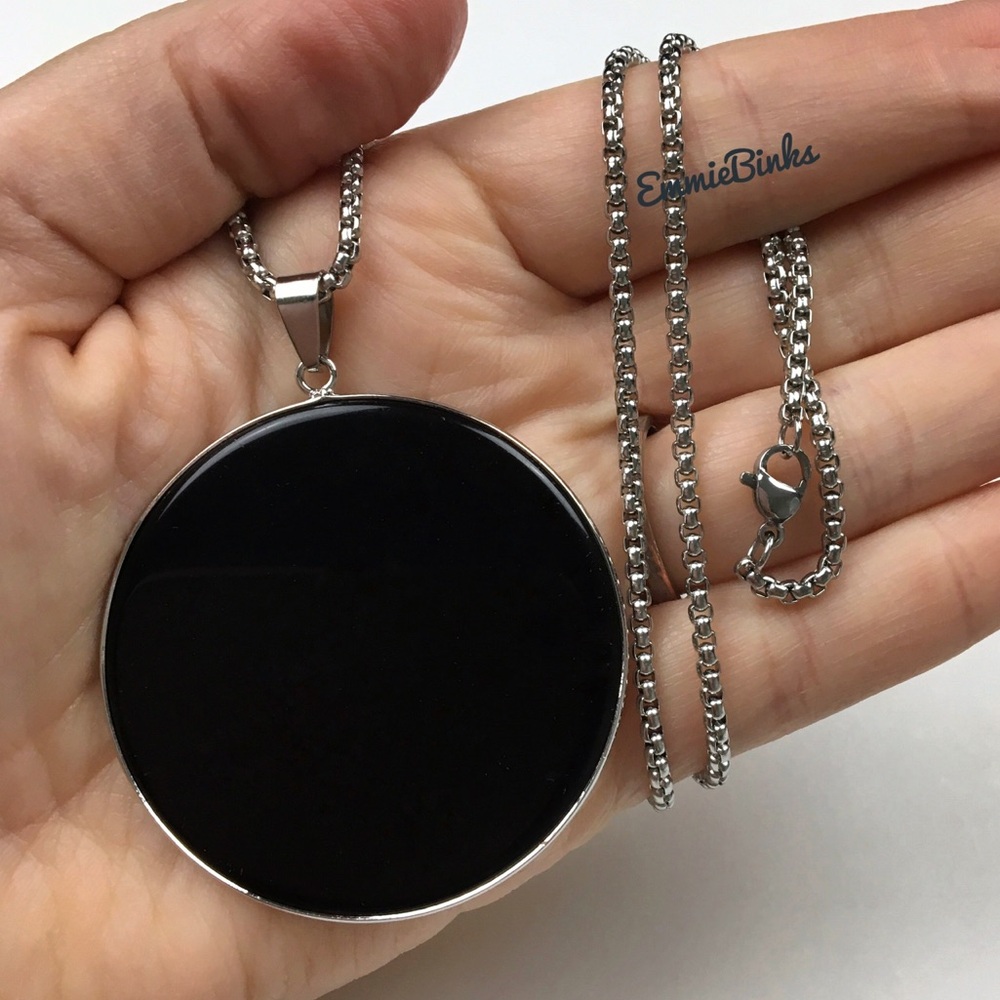 New Large Black Obsidian Slice Pendant Necklace